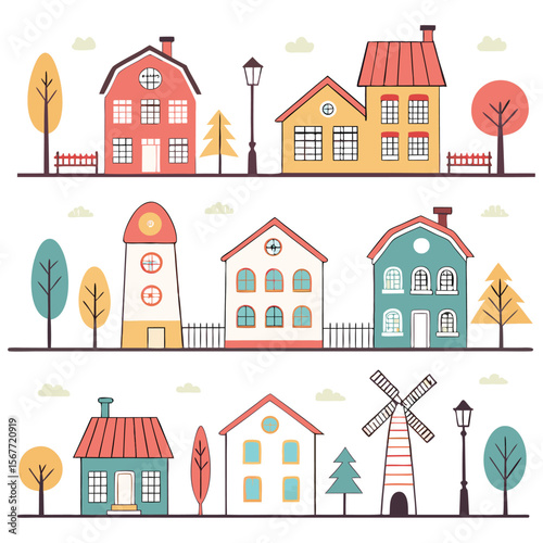 A collection of various stylized houses and buildings