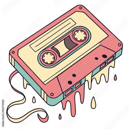 Funky Retro Cassette Tape with Melting Edges – 80s Vintage Aesthetic, Psychedelic Distortion, Retro Music Symbol, Dripping Tape Design, Nostalgic Surreal Art, Vaporwave & Synthwave Style