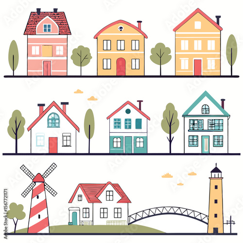A collection of various stylized houses and buildings