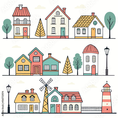 A collection of various stylized houses and buildings