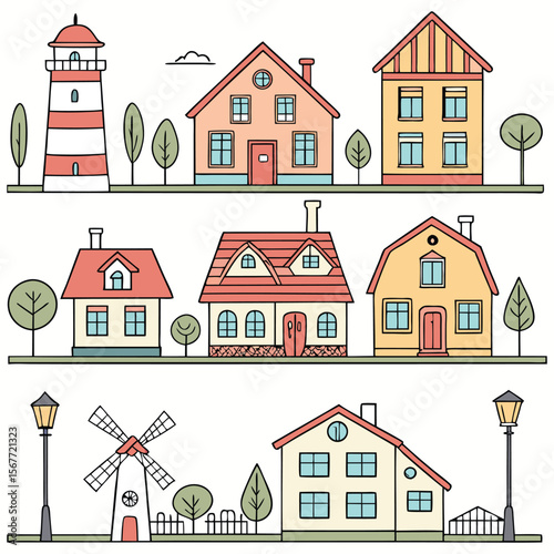 A collection of various stylized houses and buildings