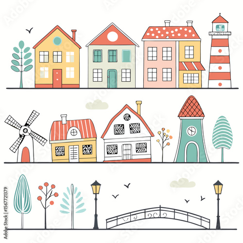 A collection of various stylized houses and buildings