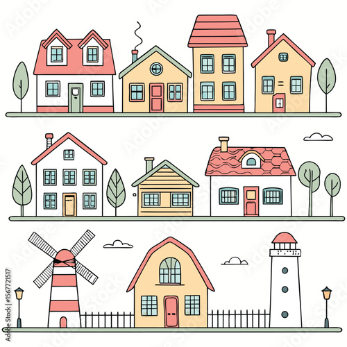 A collection of various stylized houses and buildings