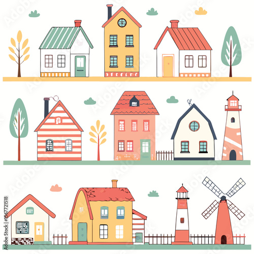 A collection of various stylized houses and buildings