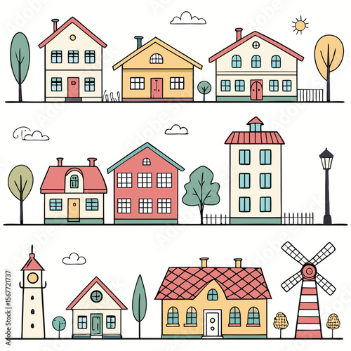 A collection of various stylized houses and buildings