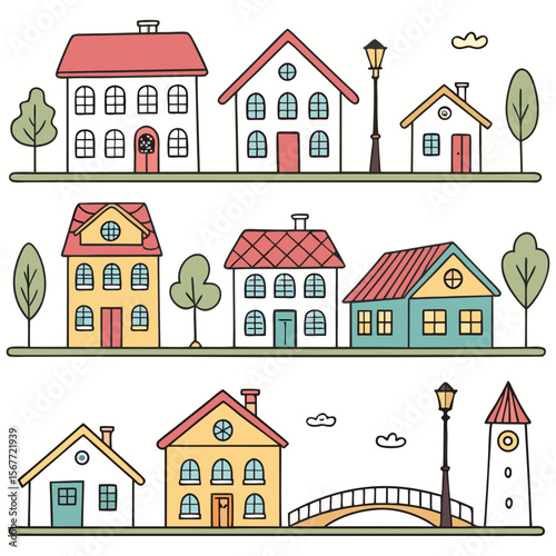 A collection of various stylized houses and buildings
