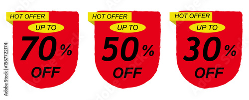 discount sale sticker 70 ,50, 30,  % off tags hot offer set with red and whit color.
