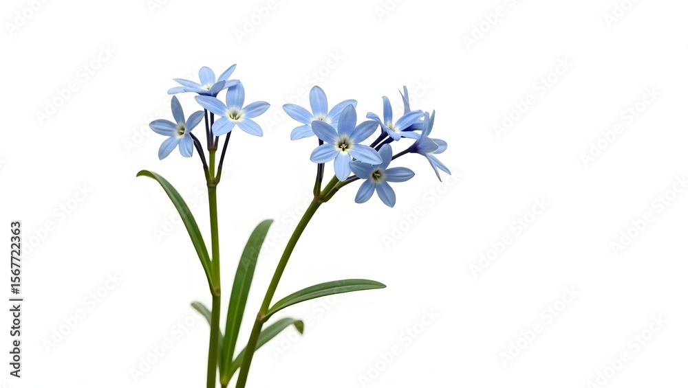 Fototapeta premium Photorealistic image of Chionodoxa plant isolated on white. Star-shaped blue blossoms with white centers and slender green leaves. Botanical macro with soft light and natural detail.
