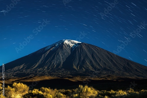 Night Sky Over Majestic Volcano with Star Trails Above