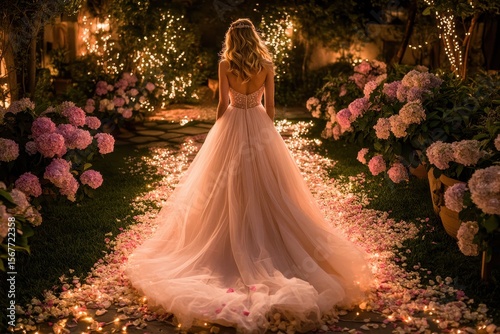 Elegant Bride Walking Through Flower Petals in Romantic Garden