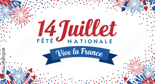 A vibrant graphic illustration celebrating Bastille Day, France's National Fête, with festive red, white, and blue confetti and fireworks on a clean white background.