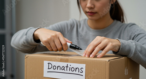Woman Packing Donations Box, Charity, Volunteer