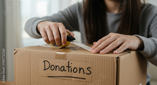 Woman Packing Donations Box, Charity, Giving