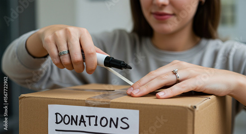 Woman Packing Donations Box, Charity, Volunteer