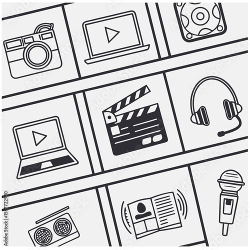 Video player thin line icon set. Containing play or start button, pause or stop, media, camera, live, cinema, multimedia, film, handycam, clapperboard, movie, streaming or online video. Vector