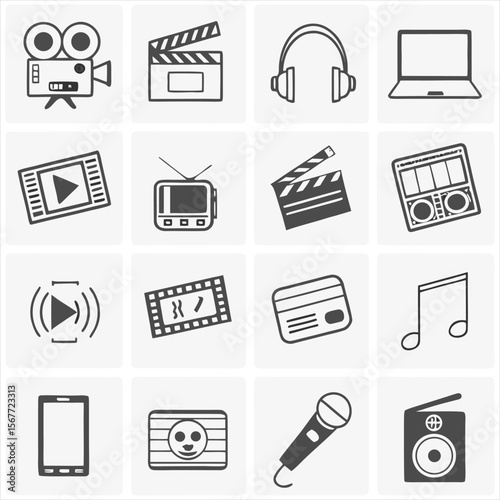 Video player thin line icon set. Containing play or start button, pause or stop, media, camera, live, cinema, multimedia, film, handycam, clapperboard, movie, streaming or online video. Vector