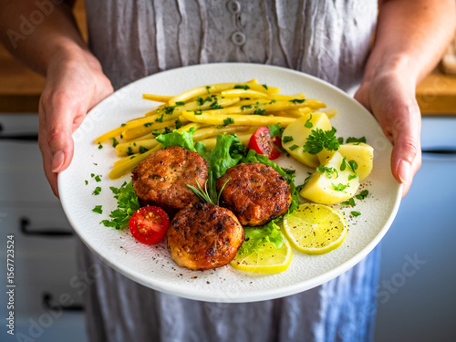 Woman holding plate with fried chicken meatballs with boiled potatoes and wax beans, close-up