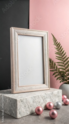 White Frame on Granite Pedestal, Chic Minimalism, Elegant Art