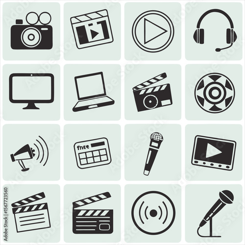 Video player thin line icon set. Containing play or start button, pause or stop, media, camera, live, cinema, multimedia, film, handycam, clapperboard, movie, streaming or online video. Vector
