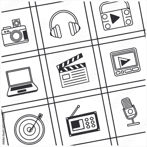 Video player thin line icon set. Containing play or start button, pause or stop, media, camera, live, cinema, multimedia, film, handycam, clapperboard, movie, streaming or online video. Vector