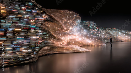 Inspiring artistic installation of books and light modern gallery digital art immersive space wide angle knowledge exploration