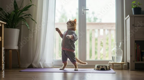 Ginger Cat in Tracksuit Bending and Stretching on Yoga Mat in Cozy Sunlit Room