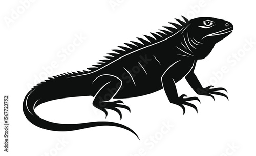 Black Iguana Lizard Silhouette, Reptile Animal Vector Illustration