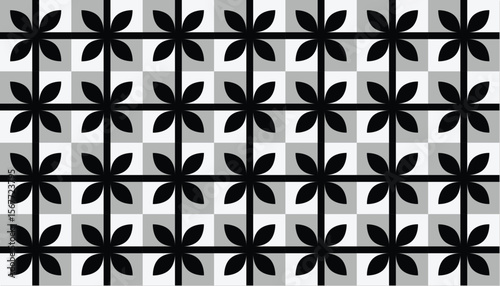 Seamless monochrome floral pattern featuring black petals over alternating grayscale blocks in a geometric layout