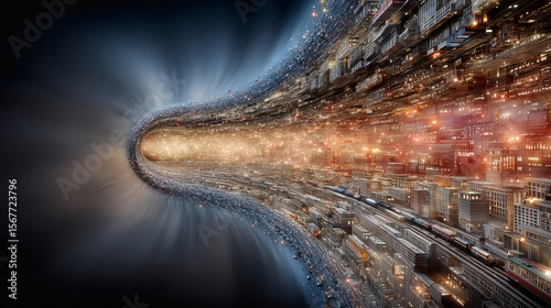 Dynamic urban transformation through a cosmic portal futuristic cityscape digital art high-impact environment wide-angle view