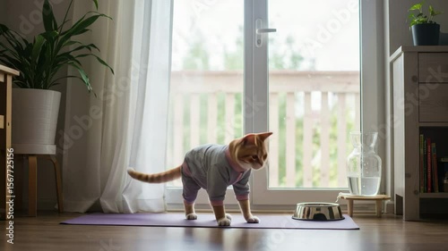 Ginger Cat in Tracksuit Stretching and Rotating Paws on Yoga Mat in Cozy Sunlit Room