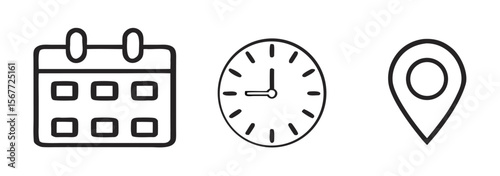 Calendar, clock and map symbol location icon set. Date, time, address for event, meeting, wedding, schedule, invitation card design element. transparent vector design. 