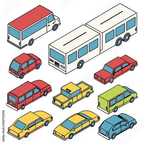 Large collection of various vehicles in an isometric style Different types of cars, trucks, vans, buses, and limos are displayed.