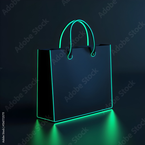 Black Shopping Bag with Green Neon Edges on Dark Background