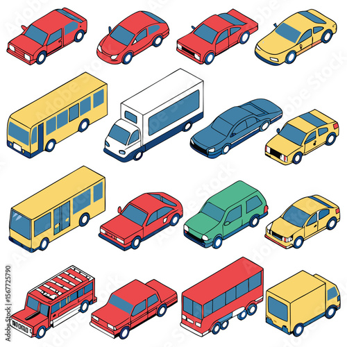 Large collection of various vehicles in an isometric style Different types of cars, trucks, vans, buses, and limos are displayed.