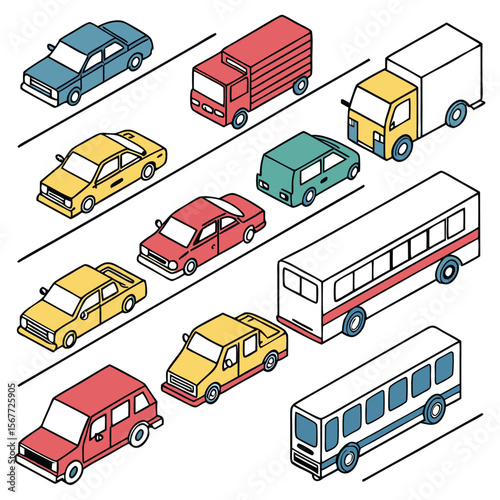 Large collection of various vehicles in an isometric style Different types of cars, trucks, vans, buses, and limos are displayed.