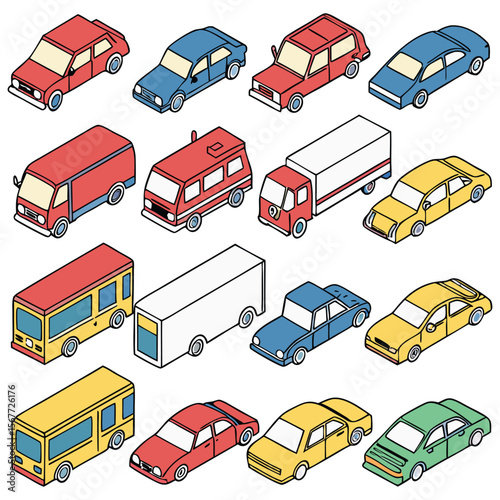 Large collection of various vehicles in an isometric style Different types of cars, trucks, vans, buses, and limos are displayed.