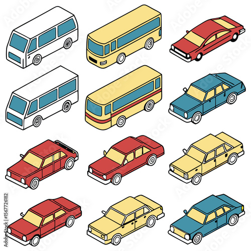 Large collection of various vehicles in an isometric style Different types of cars, trucks, vans, buses, and limos are displayed.