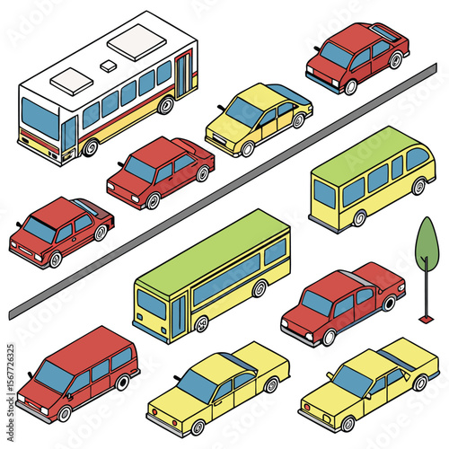 Large collection of various vehicles in an isometric style Different types of cars, trucks, vans, buses, and limos are displayed.
