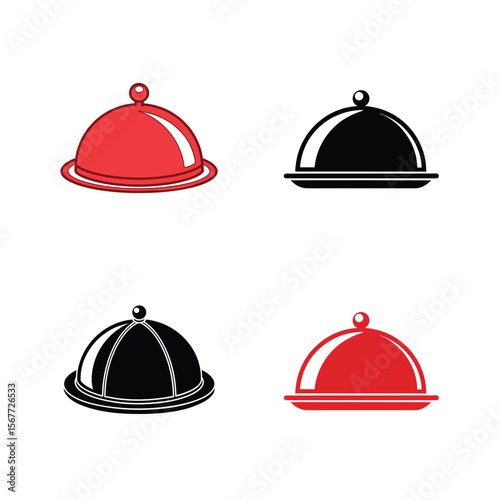 Red and black food cloches with rounded tops serving dish