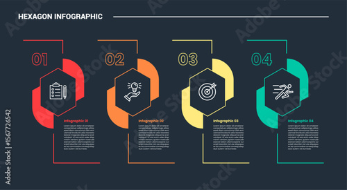 hexagon base shape infographic process diagram with creative hexagon with line top and down with dark background bright outline style