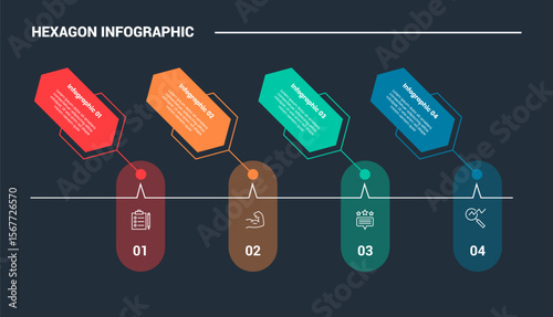 hexagon base shape infographic process diagram with rotated hexagon with connected round rectangle box with dark background bright outline style