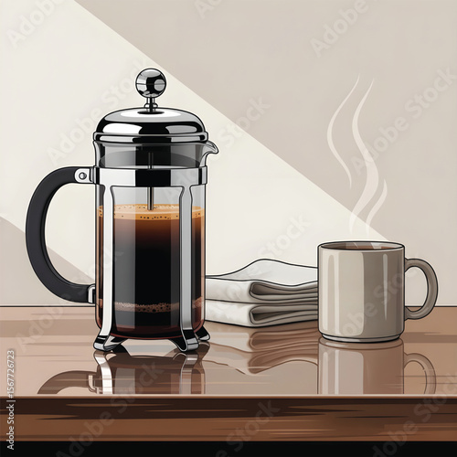 French Press Coffee with Steaming Mug Illustration
