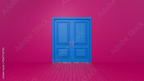 Bright blue double door contrasting vividly against a fuchsia wall in an empty room  complemented by a fuchsia wooden floor  creating a vibrant and surreal atmosphere