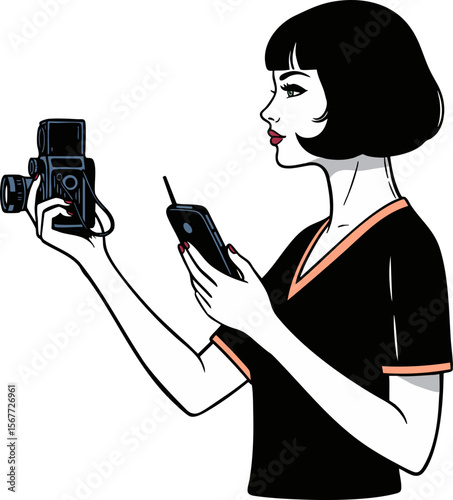 Vintage Charm, Modern Vibe: Stylish Woman Captures Moments with Classic Camera & Smartphone – Perfect for Social Media, Photography & Lifestyle Content!