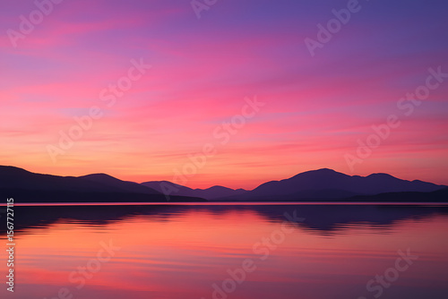 Pink Sunset over Mountains: Serene landscape photo featuring a breathtaking pink and purple sunset reflecting on a calm lake, with silhouettes of mountains on the horizon.