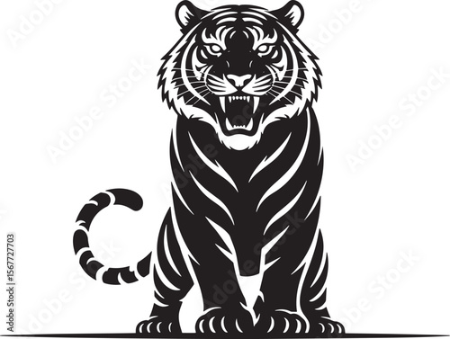 tiger roaring black silhouette vector, Simple silhouette Design vector icon with white background. Wild Animal Vector