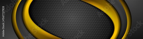 Yellow golden and black abstract glossy waves on perforated background. Technology vector banner design