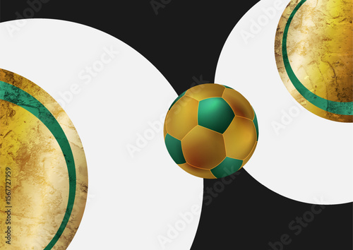 Grunge abstract football background in gold and green with circles and soccer ball. Vector 2026 design