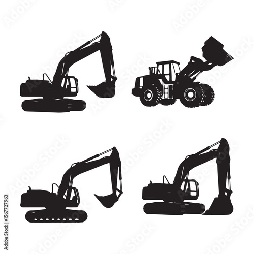Wallpaper Mural Black Silhouettes of Excavators and Wheel Loader on White Background Torontodigital.ca