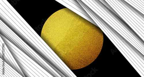 Abstract black and white striped background with golden grunge grainy circle. Retro vector design